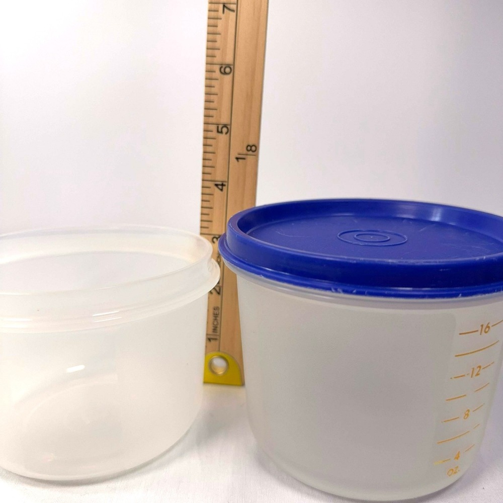 Vintage Tupperware 16 Oz Storage Containers 1494-6 1493-10 Blue Lid 215-42